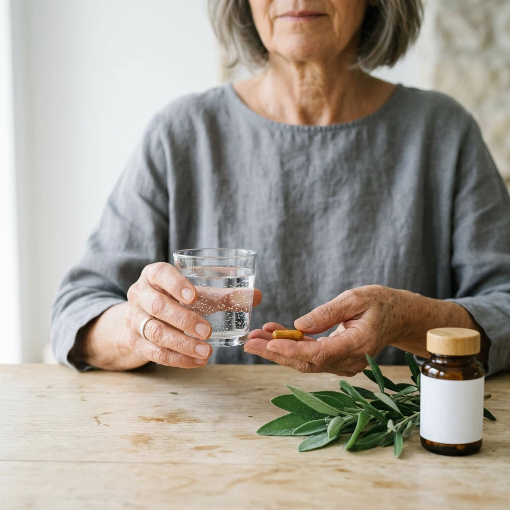 Händer håller kapsel och vatten - daglig rutin med Revixol